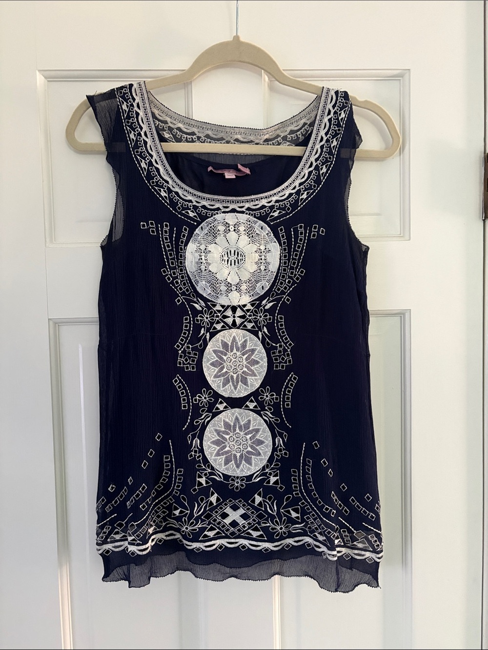 Calypso St. Barth Navy Blue Sleeveless Tank with White Embroidered Medallions